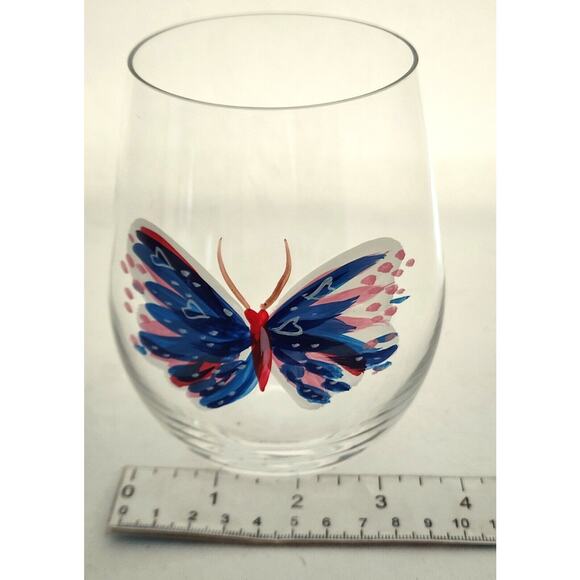STEMLESS WINE GLASSES-Hand Painted-Butterfly-Blue Red White-SET OF 2 - Picture 9 of 9